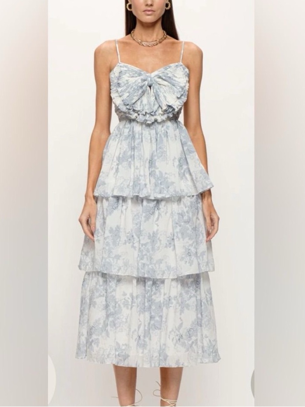 Sofia the Label Blue and White Tiered Ruffle Bow Maxi Dress